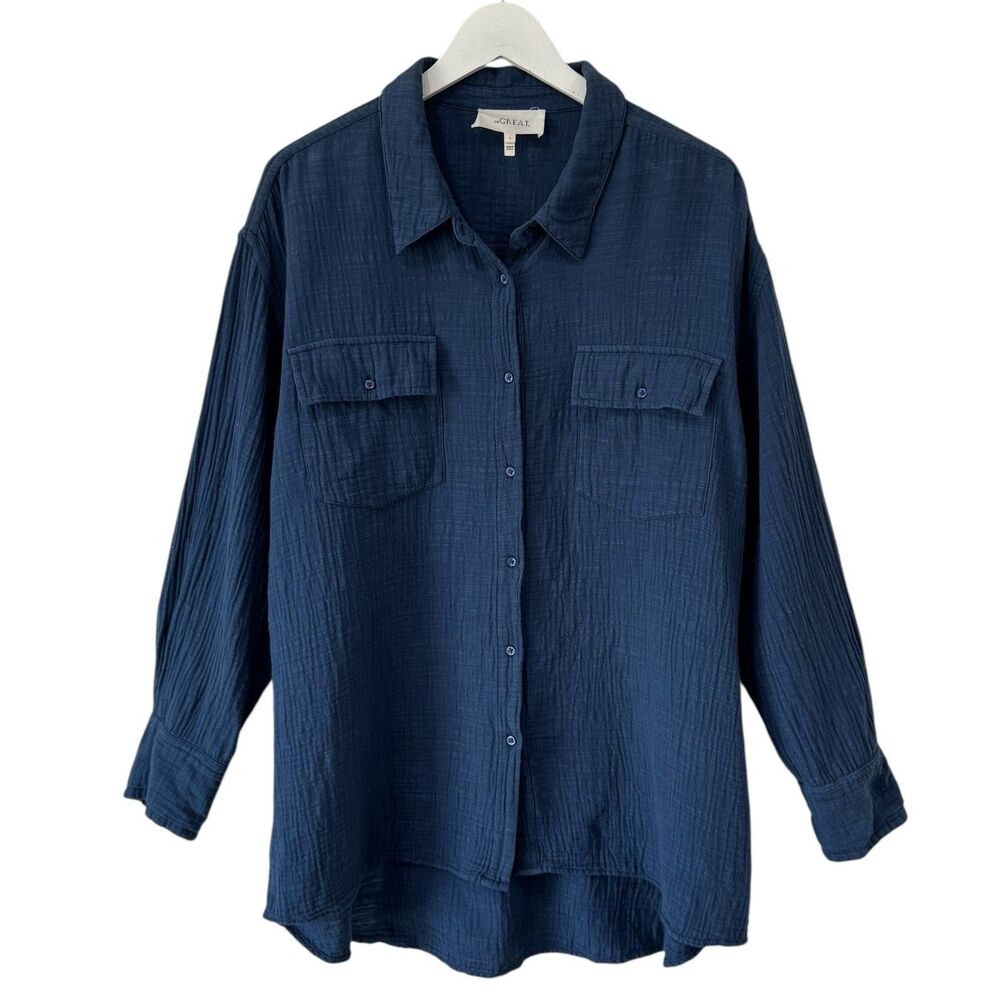 The GREAT Rancho Gauze Top Sz 3 100% Cotton Button Down Shirt Navy Blue Large